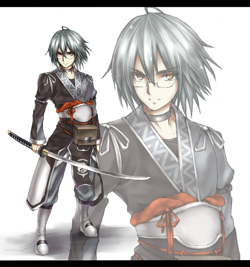 takemori shintarou, morichika rinnosuke, curiosities of lotus asia, touhou, silver hair, bad id, bad pixiv id, 1boy, ahoge, glasses, katana, letterboxed, male focus, short hair, solo, sword, weapon, yellow eyes, zoom layer