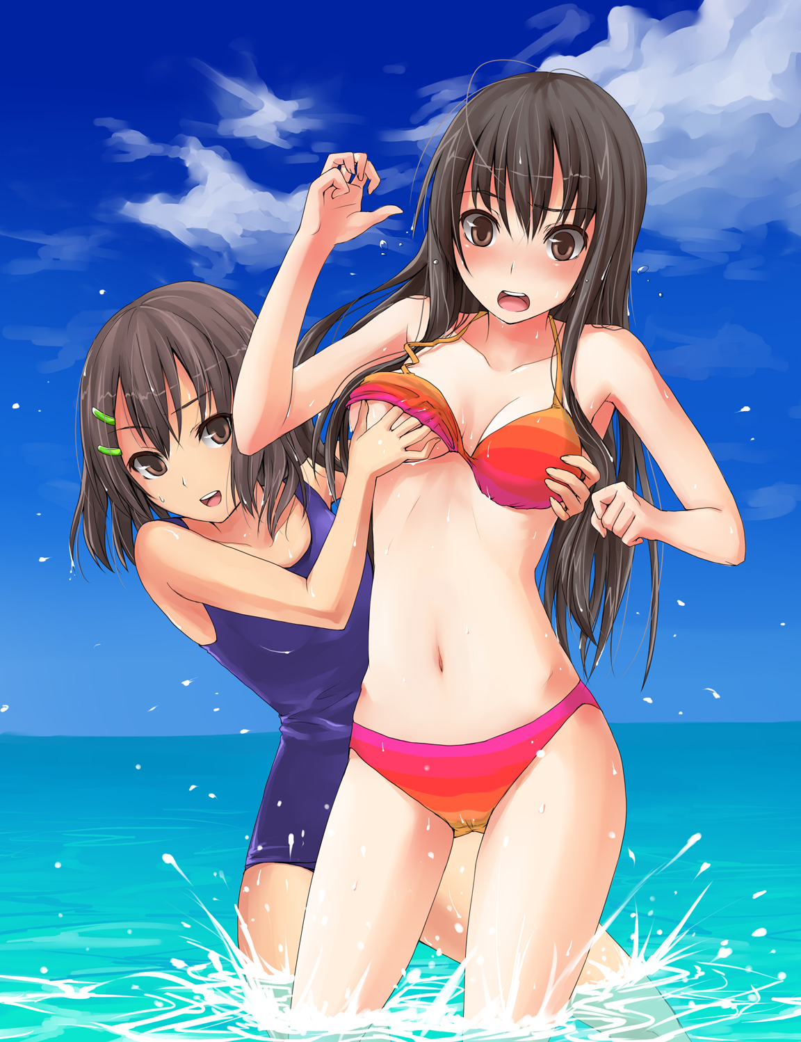 unasaka ryou, original, highres, 2girls, bikini, blush, breasts, brown eyes, brown hair, cleavage, cloud, day, grabbing another's breast, groping, hair ornament, hairclip, long hair, medium breasts, multiple girls, navel, one-piece swimsuit, open mouth, outdoors, school swimsuit, short hair, sky, splashing, surprised, surprised arms, swimsuit, wading, water, wet, yuri