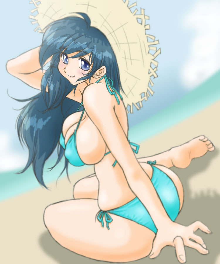 nakao, aqua bikini, barefoot, beach, bikini, blue eyes, blush, breasts, day, hat, huge breasts, nipples, side-tie bikini bottom, sideboob, solo, straw hat, swimsuit, tight clothes