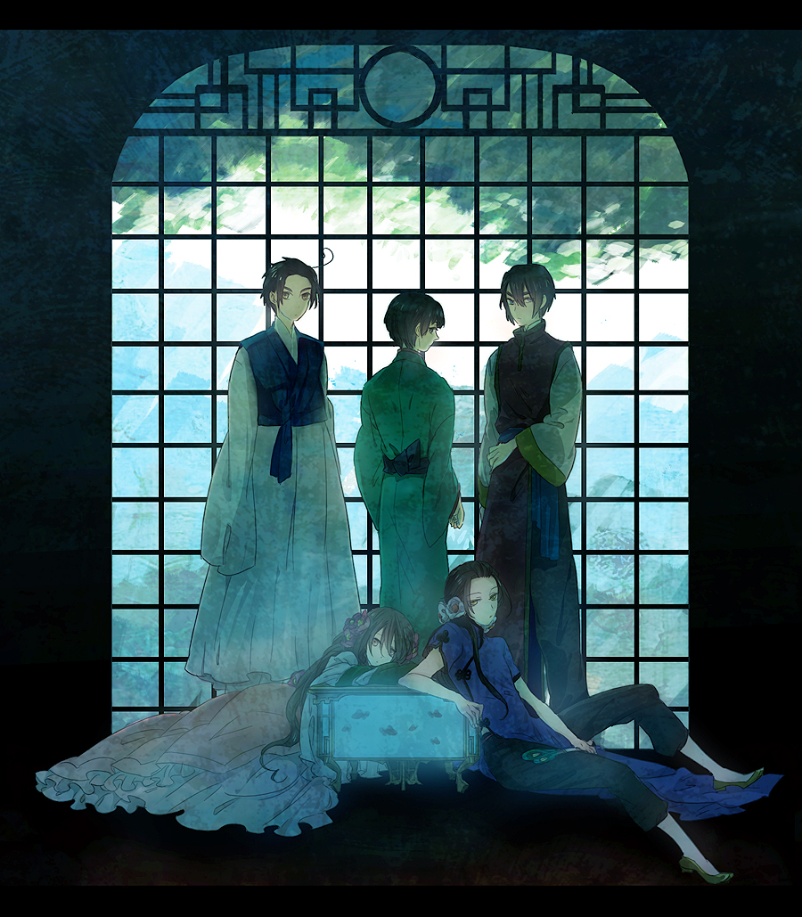 kunimitsu (9nimi2), china (hetalia), hong kong (hetalia), japan (hetalia), korea (hetalia), taiwan (hetalia), axis powers hetalia, 00s, 1girl, 4boys, androgynous, changpao, chinese clothes, hanbok, japanese clothes, kimono, korean clothes, letterboxed, multiple boys, window, yukata