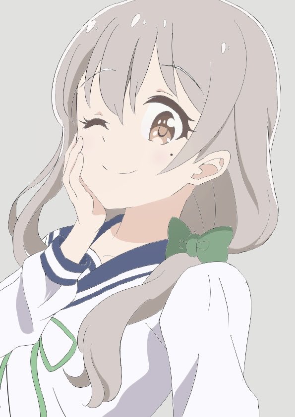 qb (qb46311027), morino mari, koisuru asteroid, 1girl, blue sailor collar, closed mouth, dot nose, feet out of frame, female focus, grey background, grey hair, hair between eyes, hair ribbon, hand on own face, long hair, looking at viewer, mole, mole under eye, one eye closed, ribbon, sailor collar, school uniform, serafuku, shirt, simple background, smile, solo, standing, upper body, white shirt