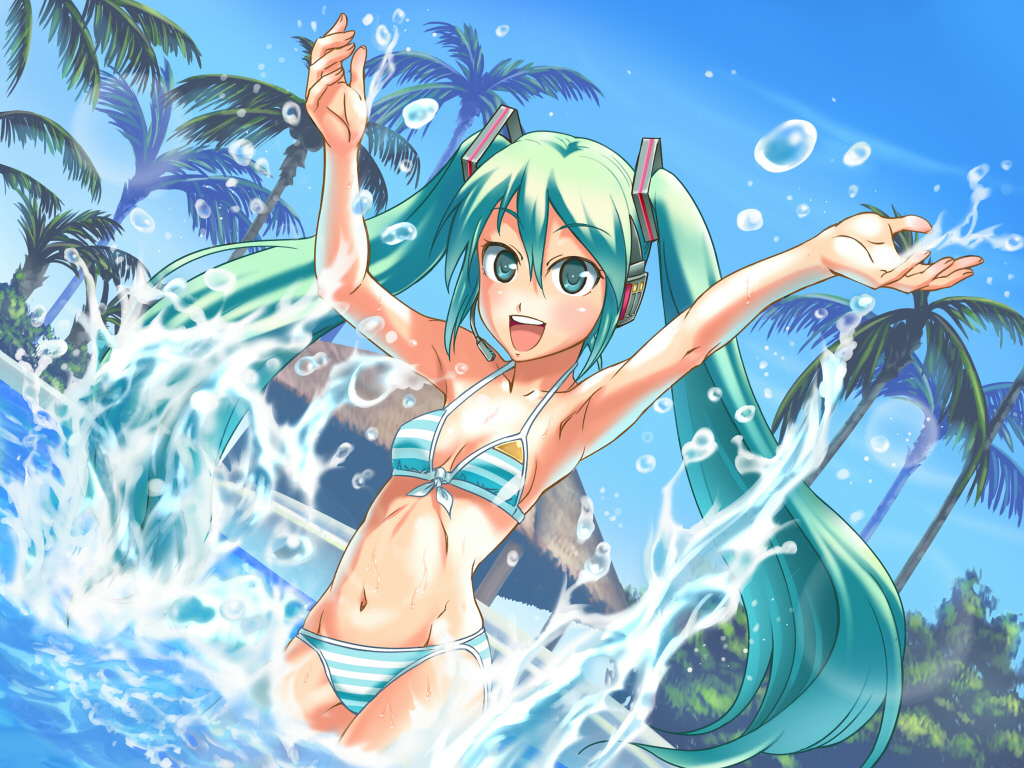 nishiwaki, hatsune miku, project diva, project diva (series), vocaloid, bikini, day, green eyes, green hair, headphones, long hair, microphone, palm tree, pool, solo, splashing, striped bikini, striped clothes, swimsuit, tree, twintails, wading, water