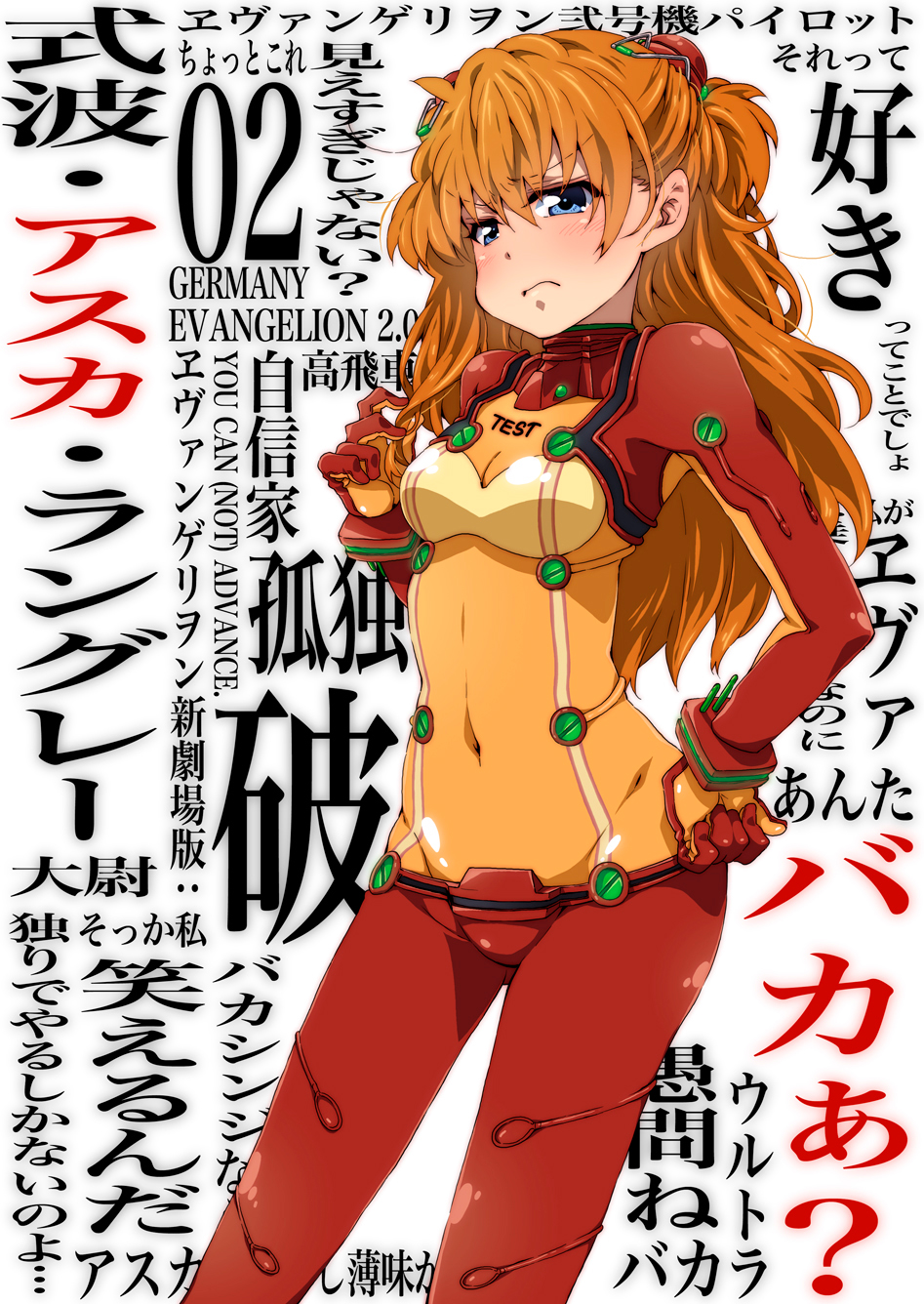 takanashi ringo, souryuu asuka langley, evangelion: 2.0 you can (not) advance, neon genesis evangelion, rebuild of evangelion, highres, 00s, 1girl, blue eyes, blush, bodysuit, breasts, cleavage, female focus, long hair, mecha pilot suit, orange hair, plugsuit (evangelion), see-through cleavage, see-through clothes, solo, test plugsuit (evangelion)