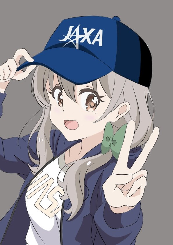 qb (qb46311027), morino mari, koisuru asteroid, 1girl, bow, collarbone, dot nose, feet out of frame, female focus, grey background, grey hair, hair between eyes, hair bow, hat, jaxa, long hair, long sleeves, looking at viewer, mole, mole under eye, open mouth, shirt, simple background, solo, standing, t-shirt, v