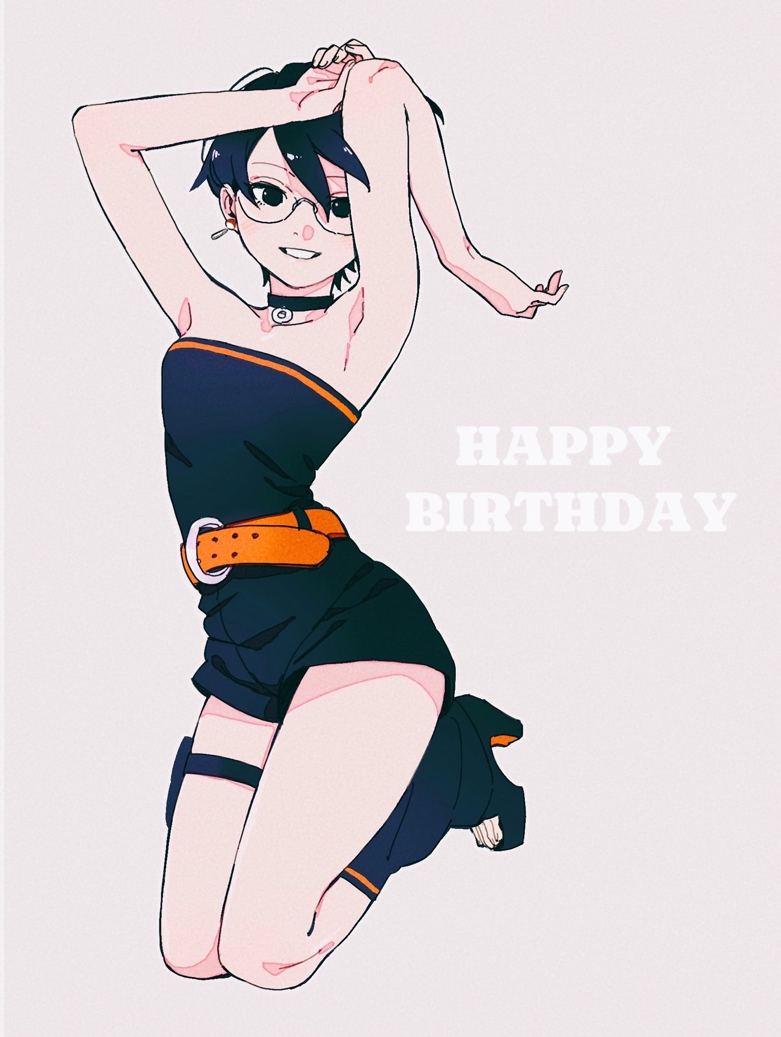 onka (aun ka28), uchiha sarada, boruto: two blue vortex, naruto (series), commentary request, highres, 1girl, armpits, arms up, bare shoulders, belt, black choker, black eyes, black hair, black romper, black socks, breasts, choker, earrings, full body, glasses, happy birthday, high heels, jewelry, loose socks, orange belt, pouch, romper, short hair, small breasts, smile, socks, solo, strapless romper, thigh pouch
