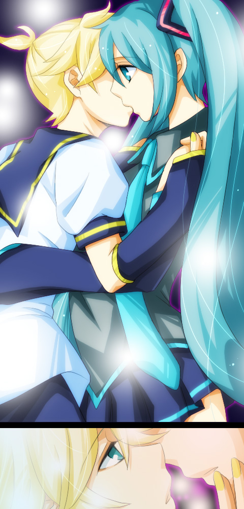 misato (mi to), hatsune miku, kagamine len, vocaloid, bad id, bad pixiv id, 1boy, 1girl, aqua eyes, aqua hair, blonde hair, detached sleeves, hetero, kiss, long hair, necktie, short hair, skirt, twintails