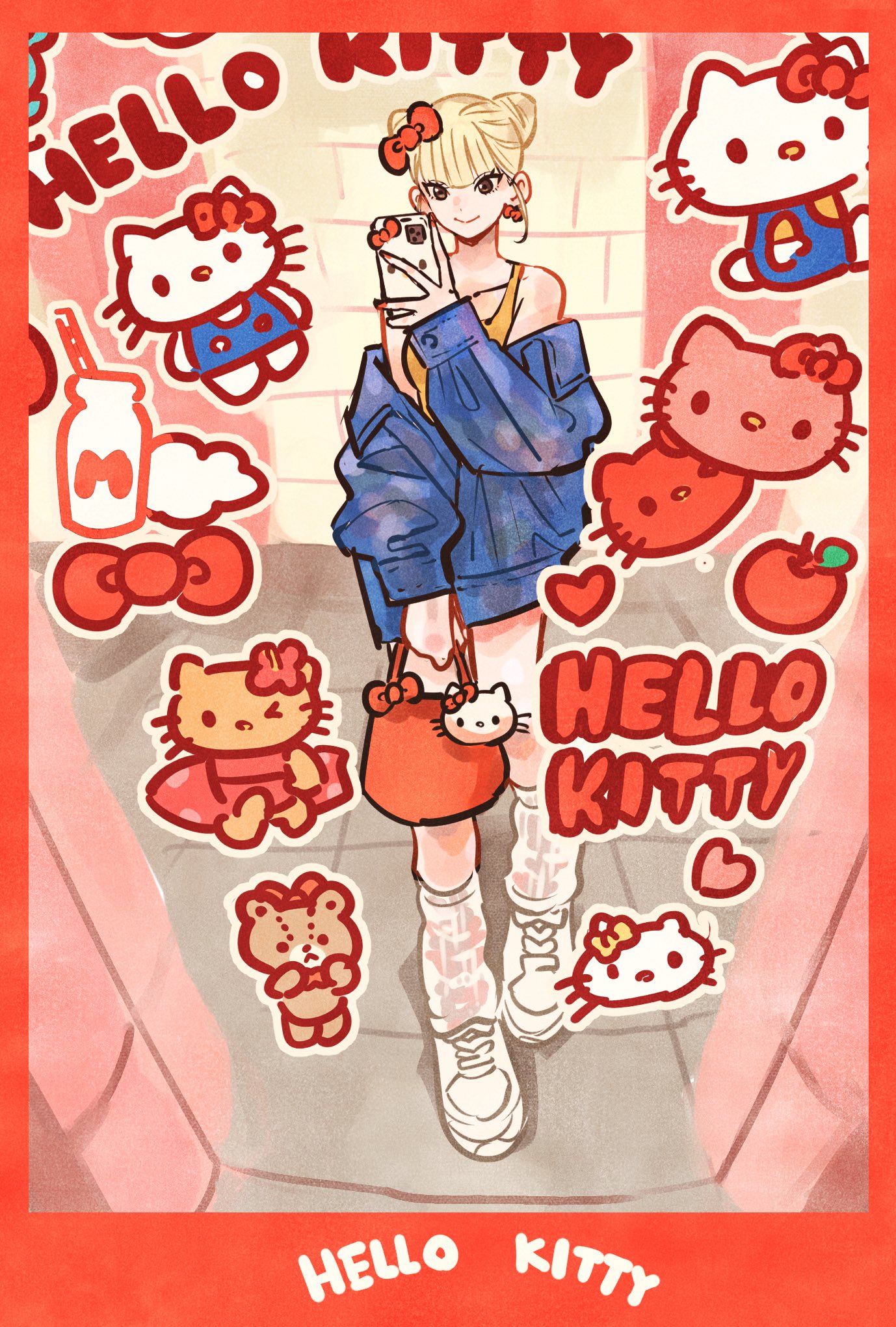 takeuchi ryousuke, hello kitty, sanrio, highres, 1girl, bag, bare shoulders, blonde hair, blue jacket, border, bow, bow earrings, breasts, cone hair bun, copyright name, double bun, earrings, full body, hair bow, hair bun, holding, holding bag, holding phone, jacket, jacket partially removed, jewelry, loose socks, medium breasts, orange tank top, phone, red bag, red border, red bow, shoes, sidelocks, smile, sneakers, socks, tank top, white shoes, white socks