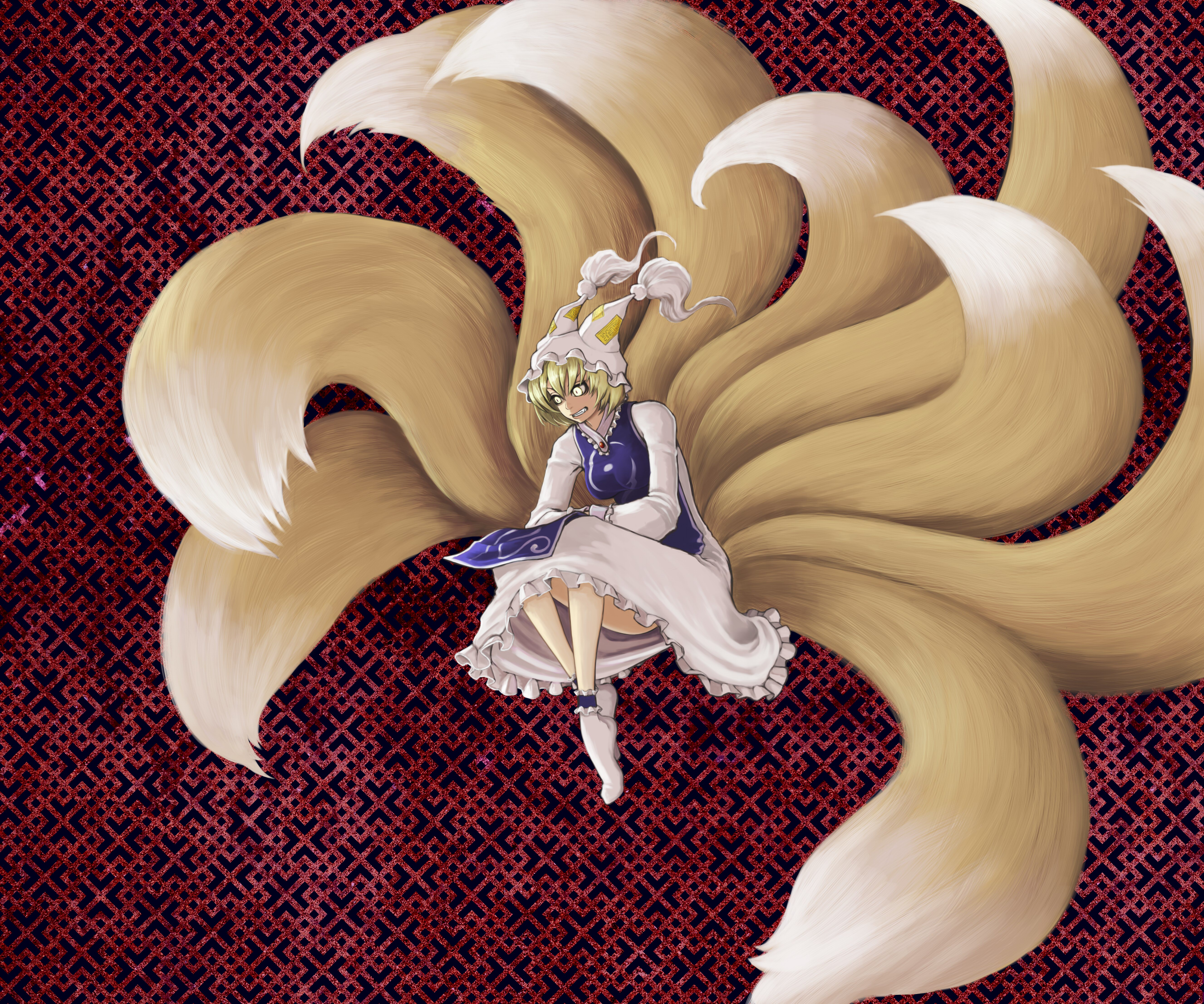 samon, sawa (textic), yakumo ran, touhou, bad id, bad pixiv id, highres, 1girl, animal hat, blonde hair, female focus, fox tail, hat, kitsune, kyuubi, long sleeves, mob cap, multiple tails, short hair, socks, solo, tail, tassel, wide sleeves, yellow eyes
