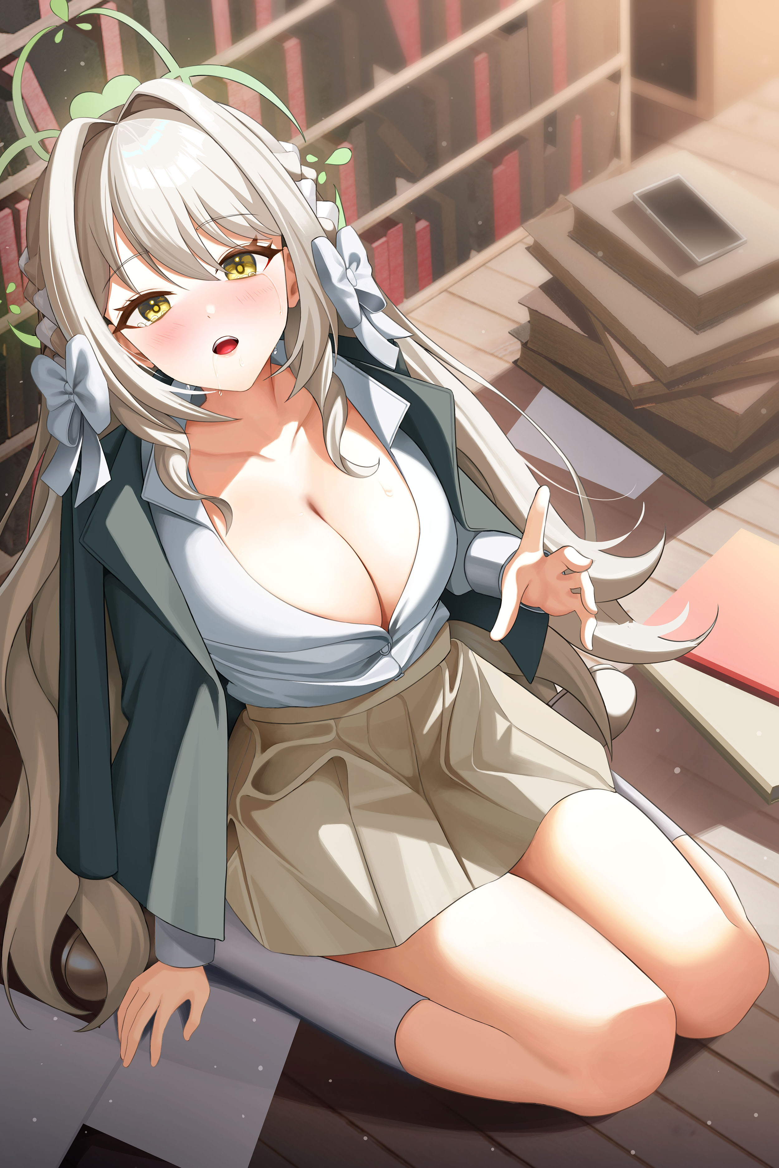 aillatoste, miyo (blue archive), blue archive, absurdres, highres, 1girl, book, bow, braid, breasts, choppy bangs, cleavage, collarbone, flower halo, green halo, green jacket, hair intakes, hair ribbon, halo, jacket, jacket on shoulders, large breasts, long hair, looking at viewer, open mouth, partially unbuttoned, pile of books, ribbon, ribbon braid, saliva, shirt, sitting, skirt, solo, tears, wariza, white bow, white shirt