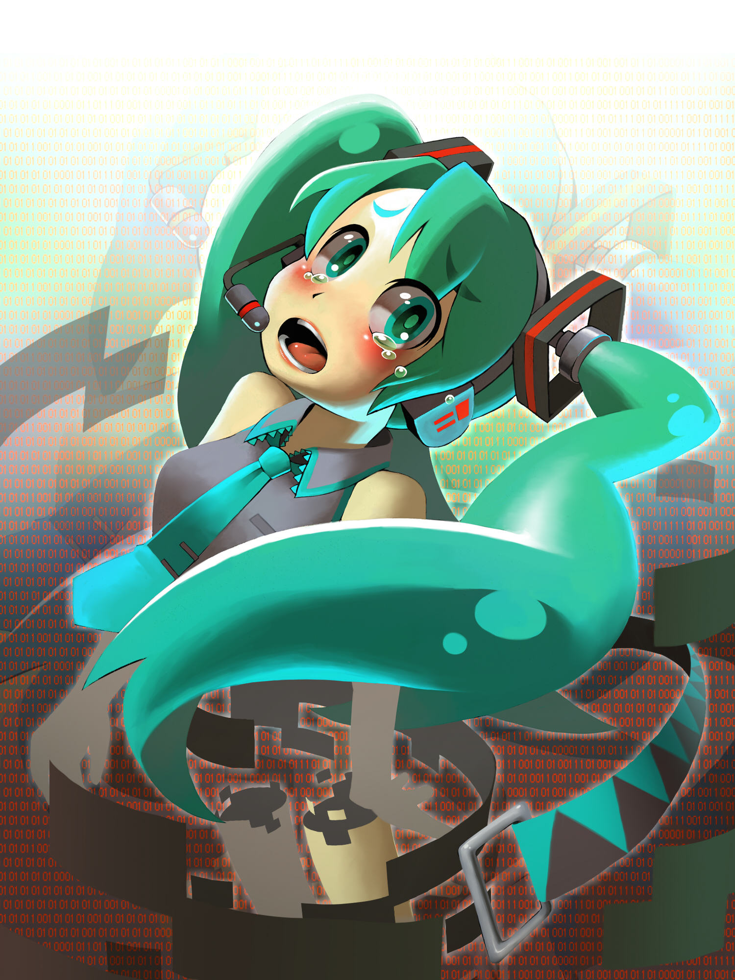 yohe, hatsune miku, vocaloid, bad id, bad pixiv id, highres, 1girl, binary, deletion, digital dissolve, female focus, green eyes, green hair, headphones, headset, long hair, matching hair/eyes, necktie, solo, tears, twintails