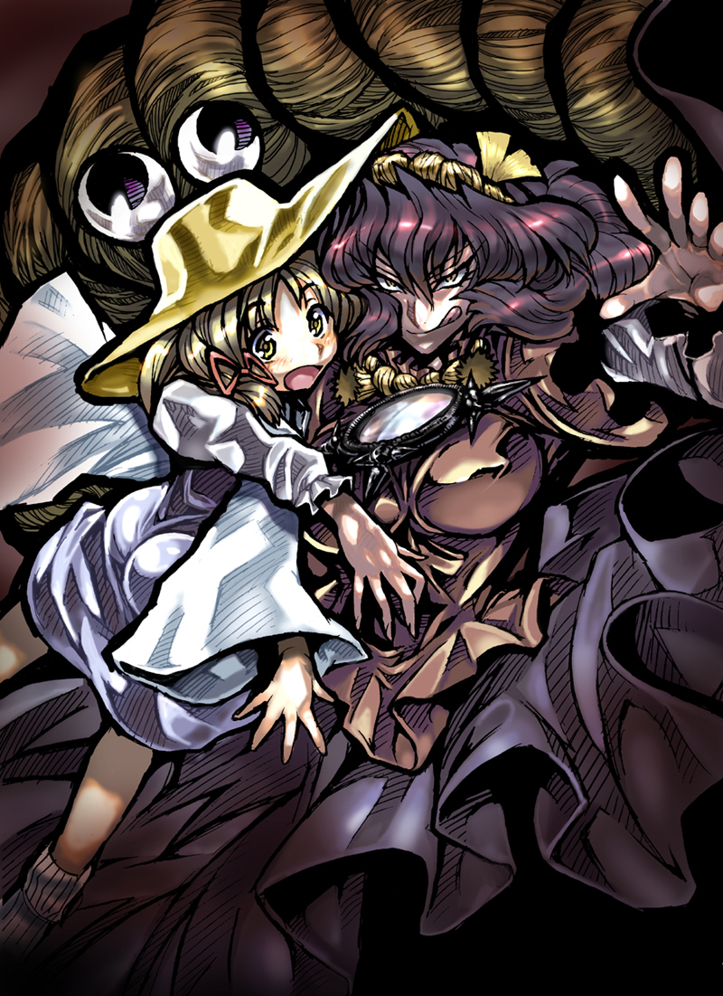 warainaku, moriya suwako, pyonta, yasaka kanako, touhou, bad id, bad pixiv id, 2girls, :p, :q, blonde hair, female focus, hat, mirror, multiple girls, purple hair, rope, shimenawa, short hair, smirk, tongue, tongue out, yellow eyes