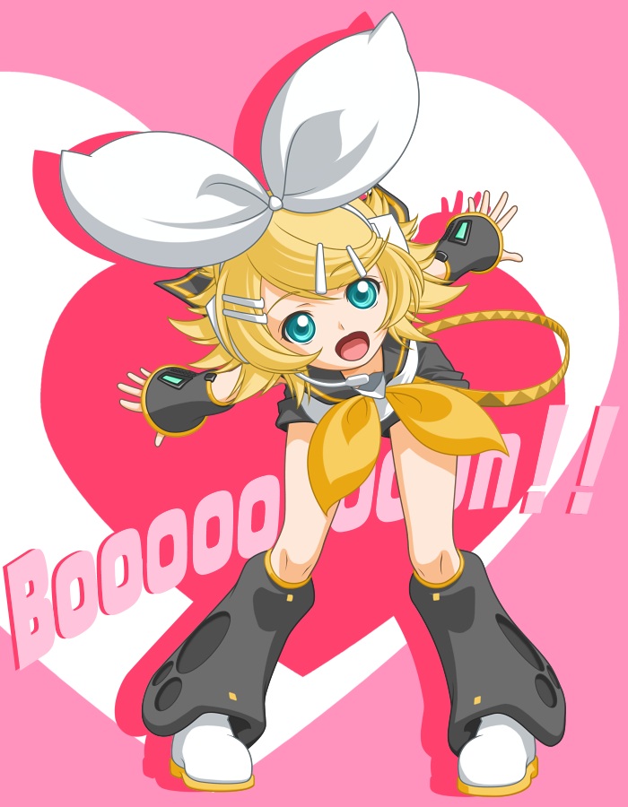 t2r, kagamine rin, vocaloid, 1girl, blonde hair, blue eyes, female focus, full body, hair ornament, hair ribbon, hairclip, headphones, headset, leaning forward, ribbon, short hair, shorts, solo