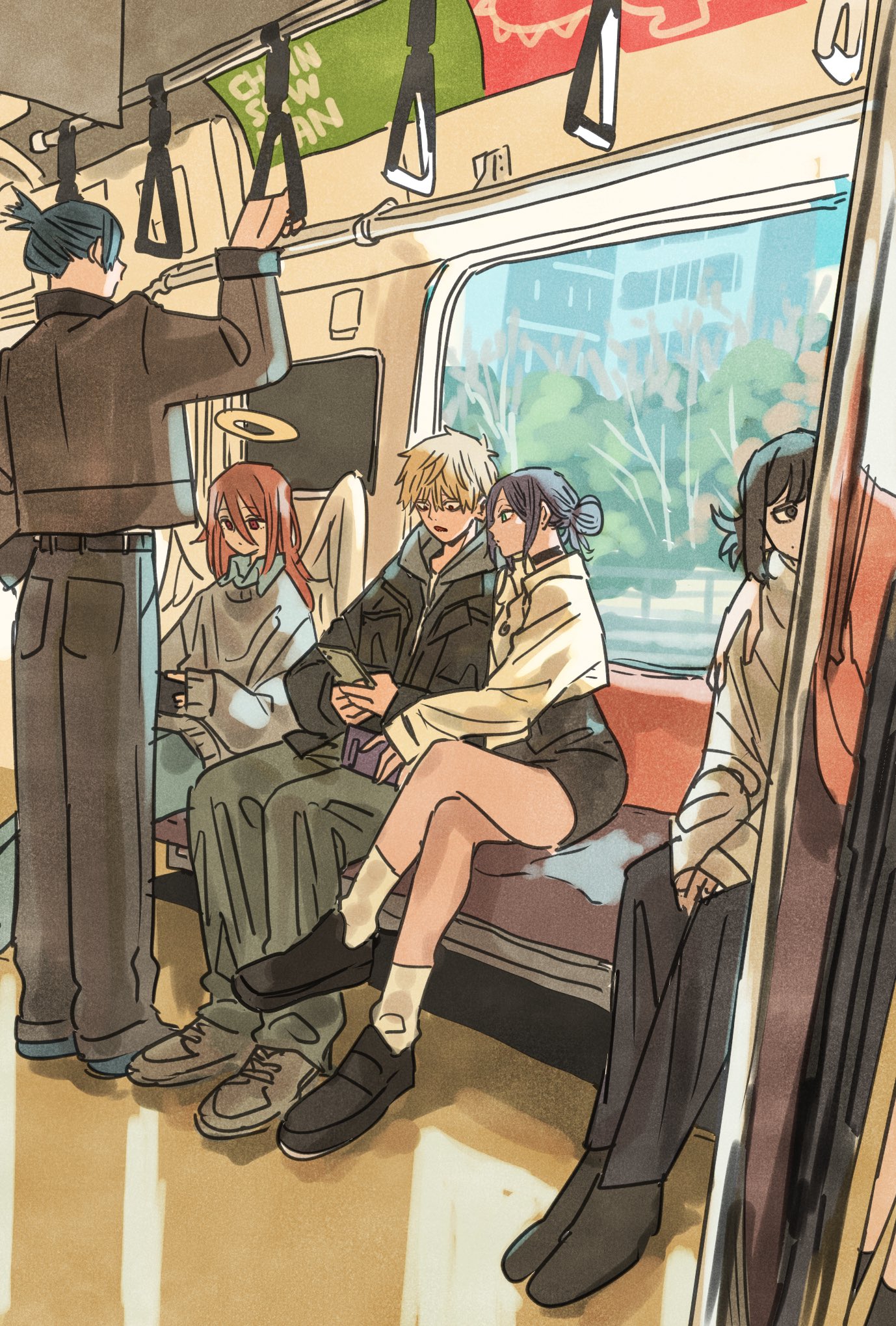 takeuchi ryousuke, angel devil (chainsaw man), hayakawa aki, mifune fumiko, chainsaw man, highres, 2girls, 3boys, androgynous, angel wings, black choker, black hair, black jacket, black pants, black shoes, black shorts, blonde hair, blue shirt, choker, collared shirt, crossed legs, full body, grey hoodie, grey sweater, hair bun, halo, holding, holding phone, hood, hood down, hoodie, jacket, jacket over hoodie, medium hair, multiple boys, multiple girls, pants, phone, ponytail, purple hair, shirt, shirt under sweater, shoes, short hair, short ponytail, shorts, sitting, sneakers, socks, standing, sweater, train interior, updo, white jacket, white socks, wings