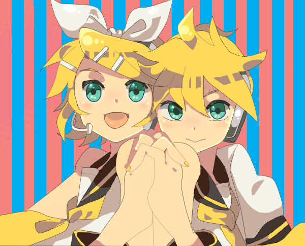katase kei, toriko (katase-2009), kagamine len, kagamine rin, vocaloid, bad id, bad pixiv id, 1boy, 1girl, aqua eyes, blonde hair, blush, brother and sister, hair ornament, hair ribbon, hairclip, headphones, headset, nail polish, necktie, ribbon, short hair, siblings, smile, symmetrical hand pose, tongue, twins