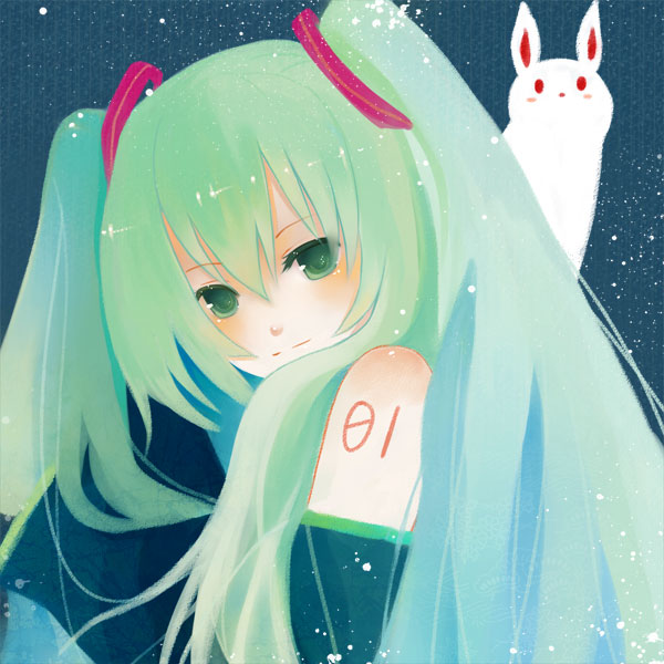 rinvi, hatsune miku, vocaloid, 1girl, detached sleeves, female focus, green eyes, green hair, long hair, matching hair/eyes, rabbit, smile, solo, twintails