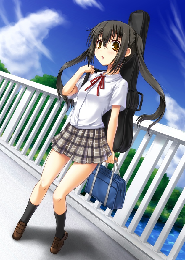 miyai sen, nakano azusa, k-on!, bookbag, 00s, 1girl, bag, black hair, black socks, brown eyes, female focus, full body, guitar case, instrument case, kneehighs, long hair, nature, outdoors, plaid clothes, plaid skirt, school uniform, skirt, sky, socks, solo, twintails