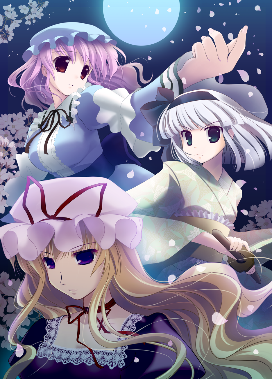 natsukawa sarasa, konpaku youmu, saigyouji yuyuko, yakumo yukari, touhou, silver hair, bad id, bad pixiv id, highres, 3girls, blonde hair, cherry blossoms, female focus, full moon, green eyes, hairband, hat, japanese clothes, katana, kimono, long hair, moon, multiple girls, petals, pink hair, purple eyes, red eyes, sheath, sheathed, short hair, sword, weapon