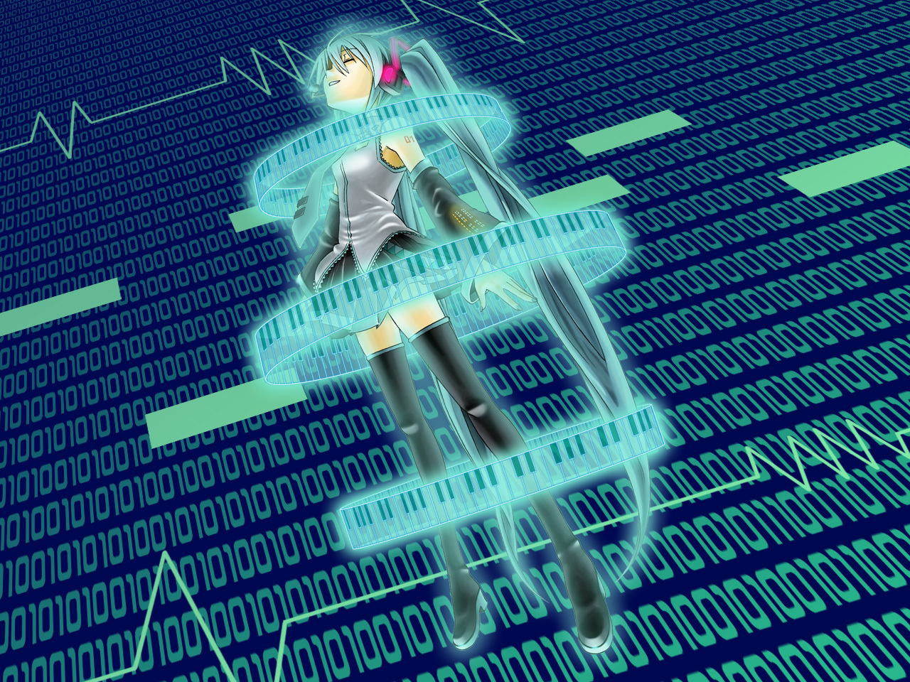 kisaragi kenichi, hatsune miku, vocaloid, 1girl, aqua hair, binary, closed eyes, detached sleeves, female focus, full body, headphones, headset, long hair, necktie, skirt, smile, solo, thighhighs, twintails, very long hair, zettai ryouiki