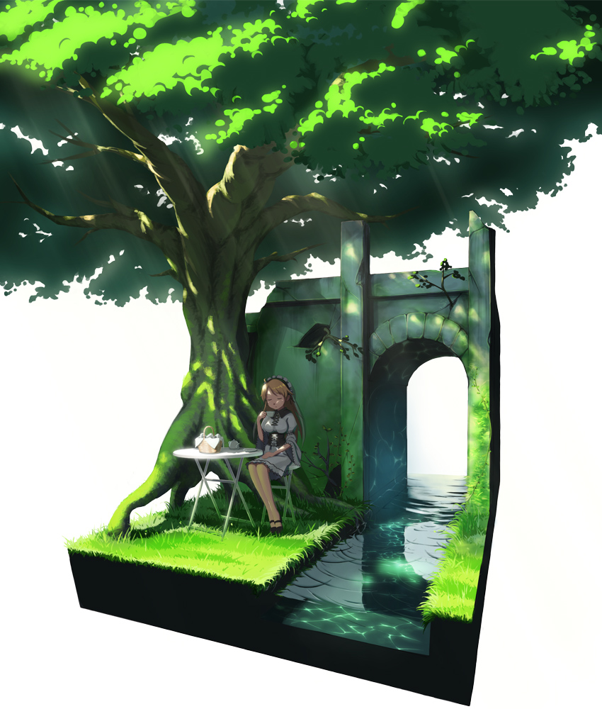 baakurou, hoshii miki, idolmaster, idolmaster (classic), 00s, 1girl, blonde hair, brown hair, caustics, closed eyes, day, dress, female focus, grass, isometric, light rays, long hair, river, sitting, solo, sunbeam, sunlight, table, tree, tree shade, under tree