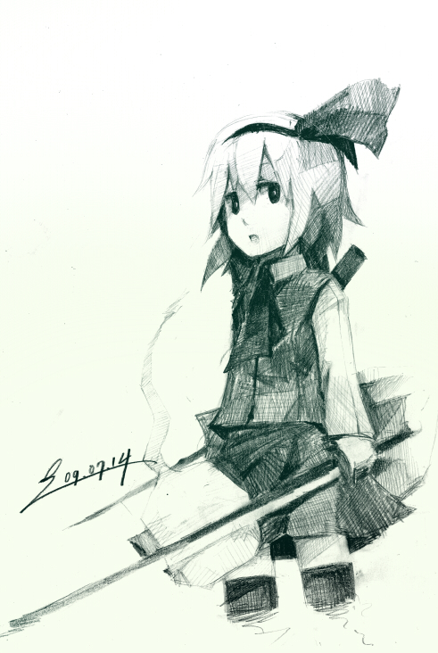 fuukadia (narcolepsy), konpaku youmu, konpaku youmu (ghost), touhou, bad id, bad pixiv id, graphite (medium), traditional media, 1girl, female focus, green theme, hairband, hitodama, katana, monochrome, necktie, short hair, sketch, solo, sword, thighhighs, weapon