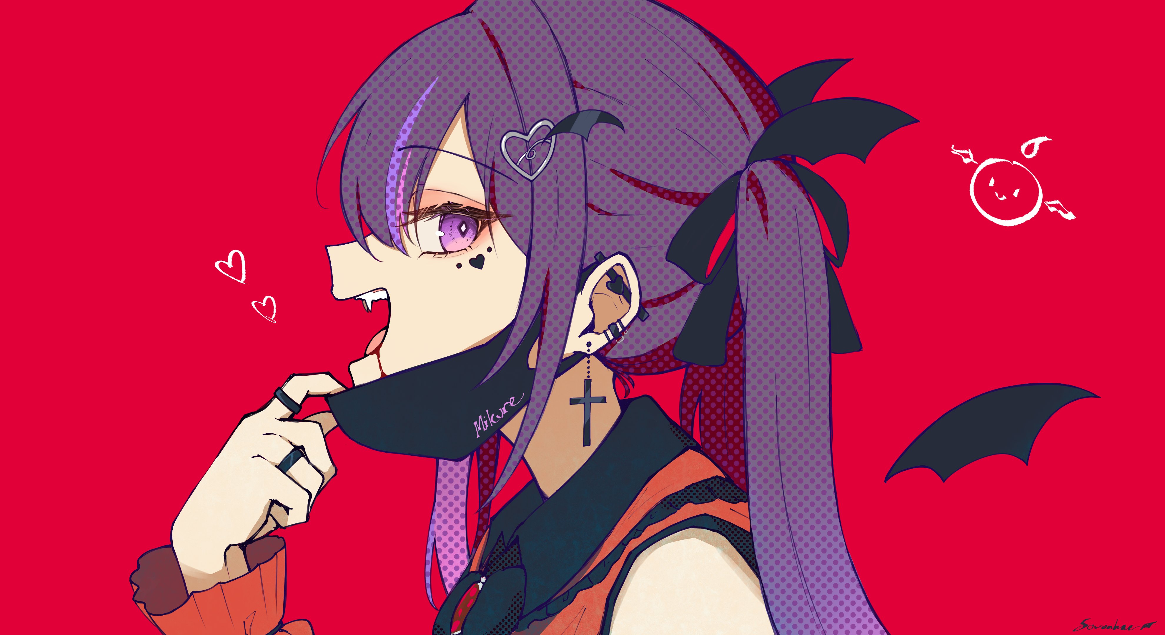 sowon (sowonhae), mikure narin, vampire (vocaloid), vspo!, vspo! en, absurdres, commentary, highres, alternate costume, artist name, black ribbon, blood, blood from mouth, character name, collared shirt, cross, cross earrings, diamond-shaped pupils, diamond (shape), ear piercing, earrings, facial mark, fangs, hair between eyes, hair ribbon, hand up, heart, heart facial mark, heart hairclip, jewelry, mask pull, open mouth, piercing, purple eyes, purple hair, red background, ribbon, ring, shirt, simple background, symbol-shaped pupils, teeth, twintails, upper teeth only