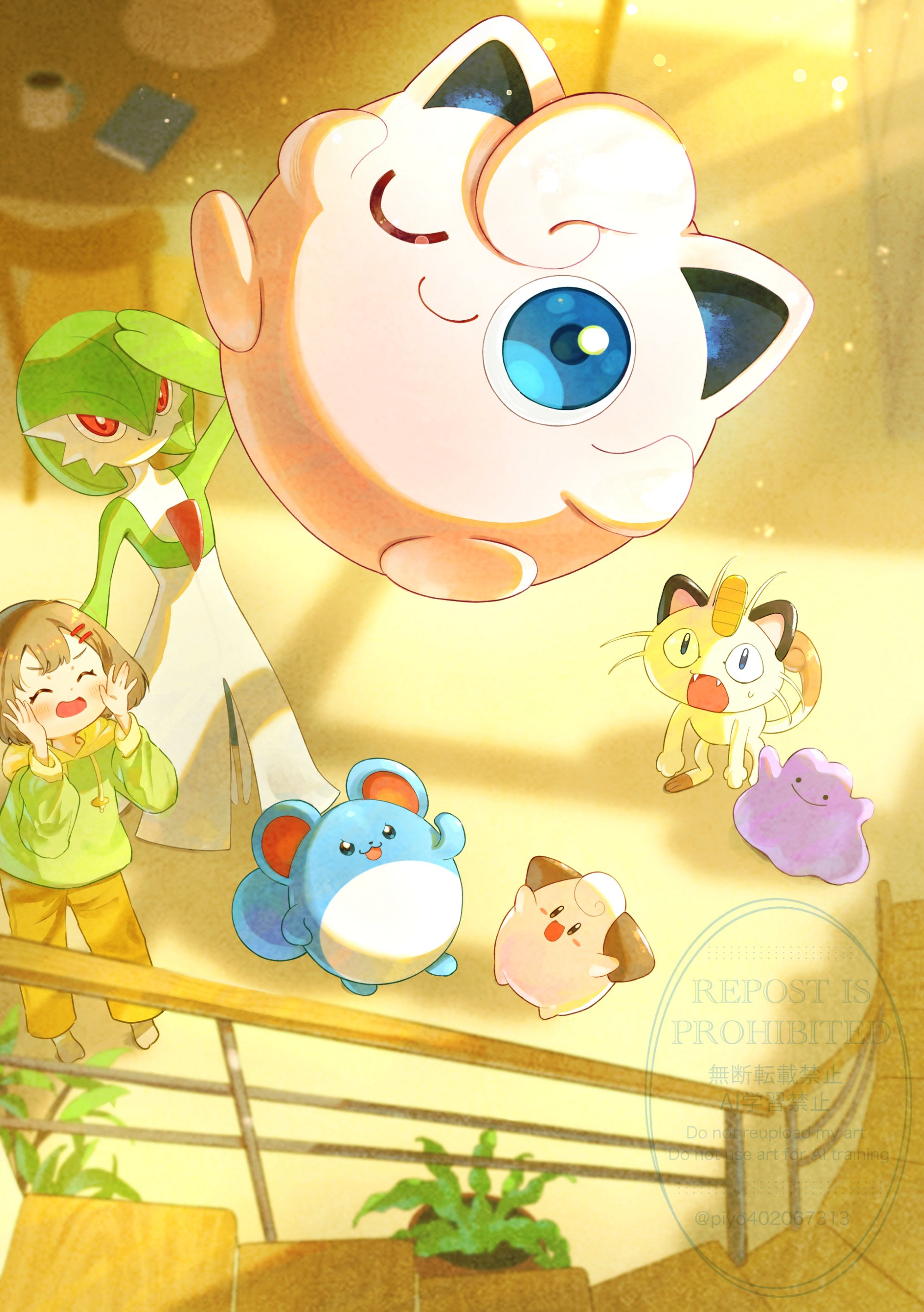 piyokonoenikki 04, azumarill, cleffa, ditto, gardevoir, jigglypuff, meowth, nintendo, pokemon, absurdres, highres, 1girl, black eyes, blue eyes, bob cut, closed eyes, colored skin, dress, gen 1 pokemon, gen 2 pokemon, gen 3 pokemon, green hair, green skin, indoors, multicolored skin, one eye closed, open mouth, pink eyes, pink skin, pokemon (creature), purple skin, smile, stairs, two-tone skin, watermark, white dress, white skin