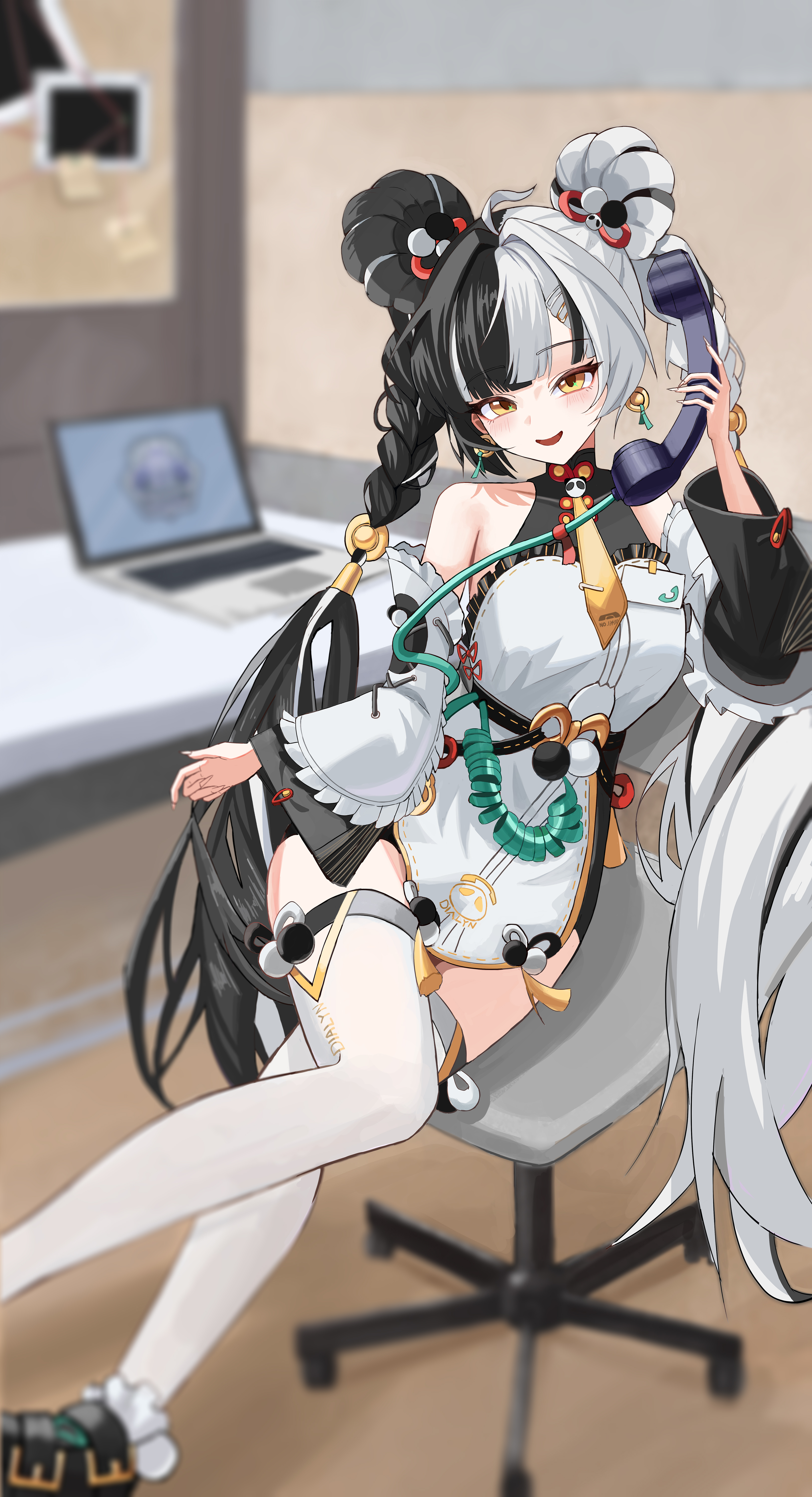 gang ryeol, dialyn (zenless zone zero), zenless zone zero, absurdres, highres, 1girl, bare shoulders, black hair, braid, breasts, chair, computer, detached sleeves, laptop, medium breasts, multicolored hair, office chair, phone, smile, solo, split-color hair, swivel chair, thighhighs, twin braids, white hair, white thighhighs, yellow eyes