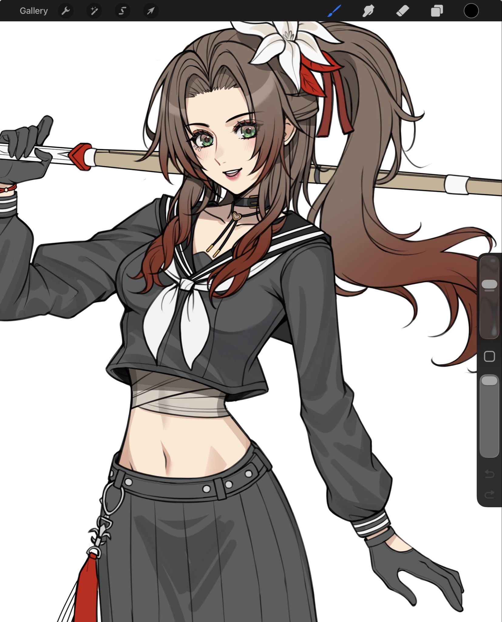 lukrevadraws, aerith gainsborough, final fantasy, final fantasy vii, final fantasy vii: ever crisis, highres, 1girl, aerith gainsborough (midgard seventh high school), art program in frame, bandaged torso, black choker, black gloves, black sailor collar, black serafuku, black shirt, black skirt, bracelet, breasts, brown hair, choker, colored tips, delinquent, flower, gloves, gradient hair, green eyes, grey neckerchief, hair flower, hair ornament, hair ribbon, half updo, heart, heart choker, holding, holding staff, jewelry, long sleeves, looking at viewer, medium breasts, midriff, multicolored hair, neckerchief, official alternate costume, open mouth, over shoulder, parted bangs, pleated skirt, red hair, red ribbon, ribbon, sailor collar, school uniform, serafuku, shinai, shirt, side ponytail, sidelocks, skirt, smile, solo, staff, sukeban, sword, two-tone hair, weapon, weapon over shoulder, white background, white flower