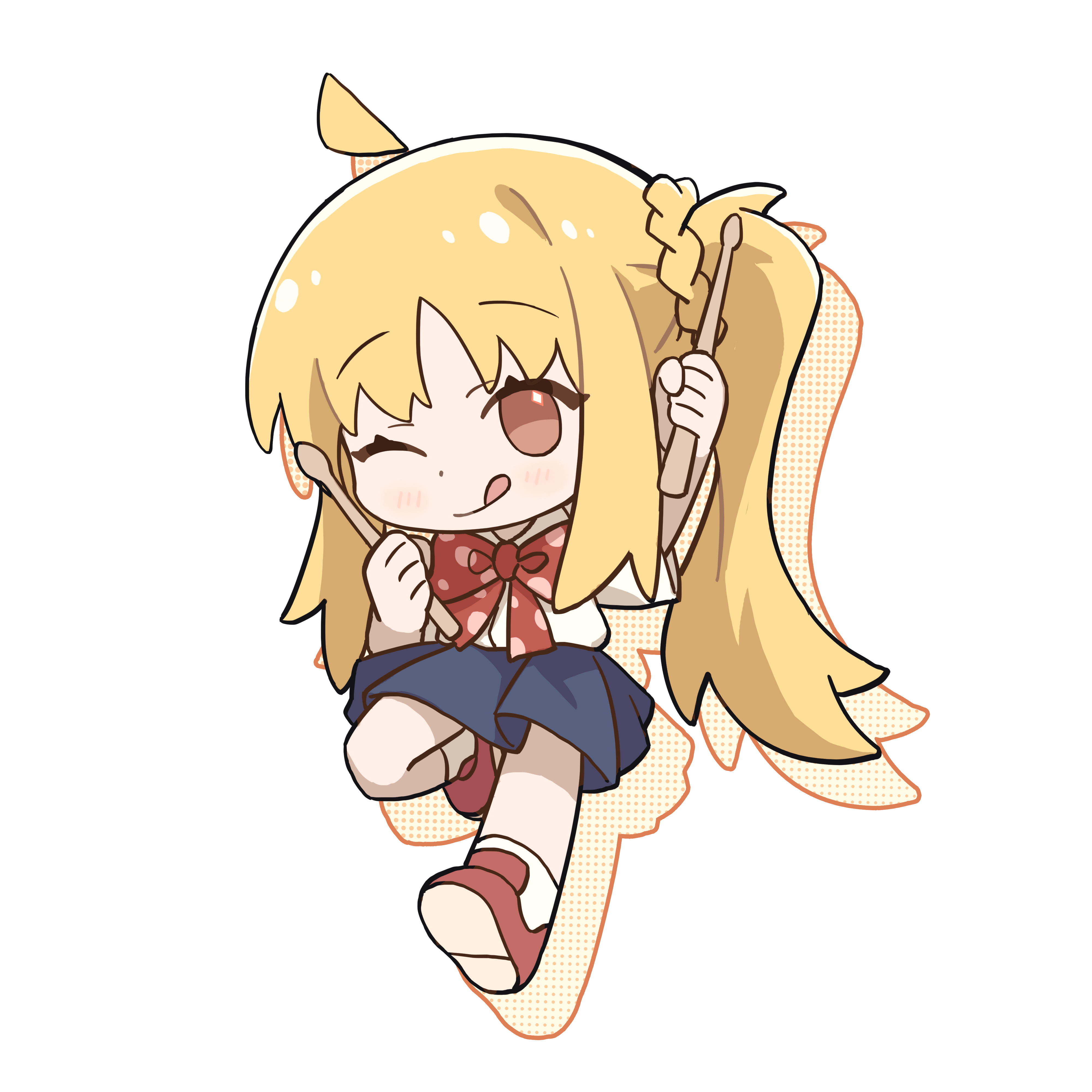 tianqiyubao euc, ijichi nijika, bocchi the rock!, absurdres, chinese commentary, commentary request, highres, 1girl, ;q, ahoge, blonde hair, blue skirt, blush, bow, bowtie, brown eyes, chibi, chibi only, closed mouth, dot nose, drop shadow, drumsticks, full body, holding, holding drumsticks, long hair, looking at viewer, one eye closed, pleated skirt, polka dot, polka dot bow, polka dot bowtie, red bow, red bowtie, red shoes, school uniform, shimokitazawa high school uniform, shirt, shoes, short sleeves, side ponytail, simple background, skirt, smile, socks, solo, standing, standing on one leg, tongue, tongue out, white background, white shirt, white socks