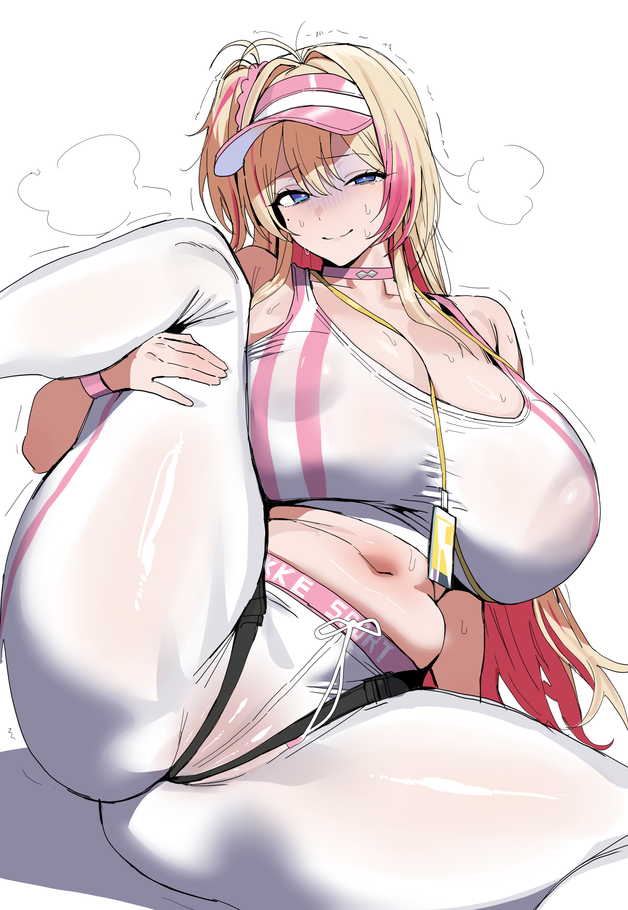 xipa, liveryn (nikke), goddess of victory: nikke, absurdres, commentary, highres, 1girl, blonde hair, blue eyes, breasts, choker, closed mouth, covered erect nipples, hair ornament, hair scrunchie, huge breasts, lanyard, leg up, looking at viewer, mole, mole under eye, navel, pants, pink choker, pink hair, pink scrunchie, scrunchie, shirt, side ponytail, simple background, sitting, smile, solo, spread legs, steaming body, sweat, visor cap, white background, white pants, white shirt