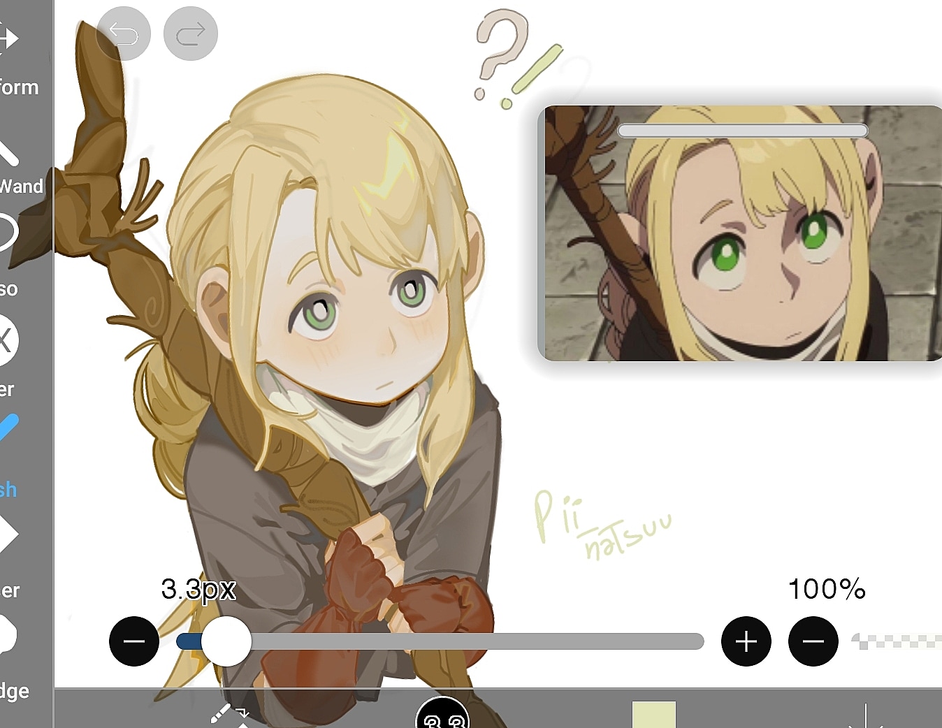 marcille donato, dungeon meshi, anime screenshot, derivative work, screenshot redraw, !?, 1girl, art program in frame, artist name, brown gloves, fingerless gloves, from above, gloves, green eyes, grey jacket, holding, holding staff, jacket, long hair, looking up, pii natsuuu, scarf, solo, staff, upper body, white scarf