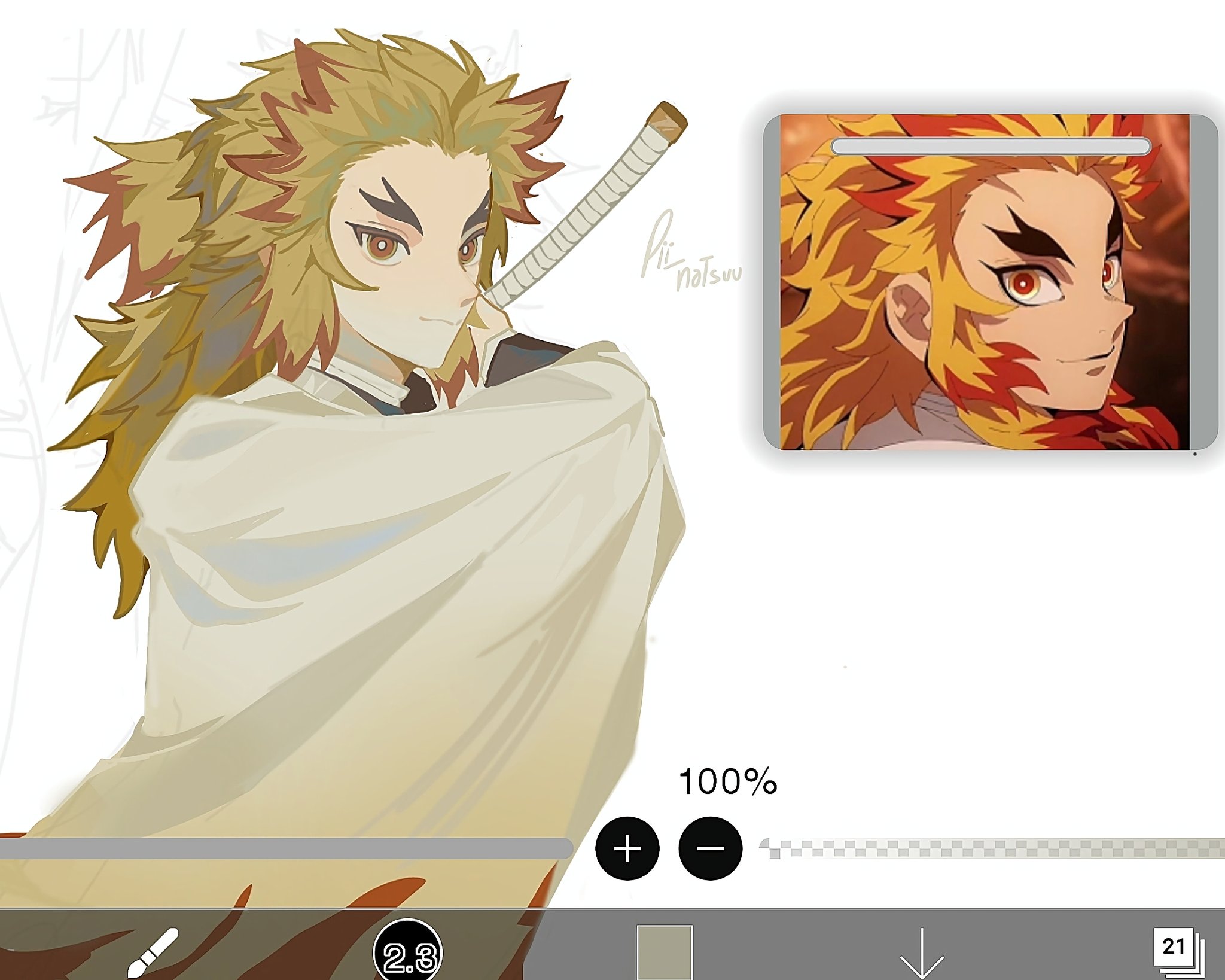 rengoku kyoujurou, kimetsu no yaiba, anime screenshot, derivative work, highres, screenshot redraw, 1boy, art program in frame, black jacket, blonde hair, colored tips, forked eyebrows, haori, jacket, japanese clothes, light smile, long hair, male focus, multicolored hair, pii natsuuu, red eyes, red hair, reference inset, sidelocks, solo, two-tone hair