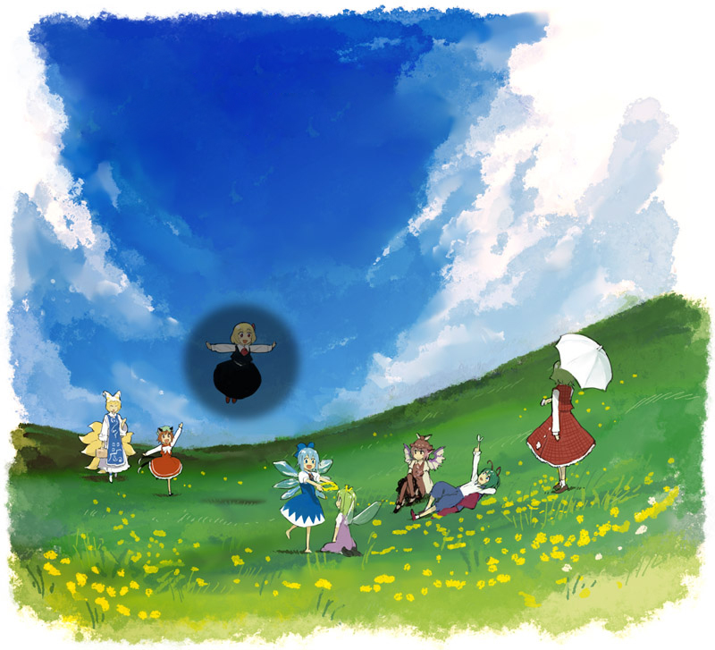 minakata sunao, chen, cirno, daiyousei, kazami yuuka, mystia lorelei, rumia, wriggle nightbug, yakumo ran, touhou, duplicate, textless version, 6+girls, animal hat, antennae, barefoot, blonde hair, blue eyes, blue hair, blue sky, bow, brown eyes, brown hair, cape, cat tail, closed eyes, cloud, cloudy sky, day, dress, fairy wings, flower, flying, fox tail, from behind, grass, green eyes, green hair, hair bow, hat, holding, holding umbrella, ice, ice wings, long sleeves, lying, meadow, mob cap, multiple girls, multiple tails, outdoors, outstretched arms, plaid clothes, plaid skirt, plaid vest, puffy short sleeves, puffy sleeves, red eyes, seiza, shadow, shoes, short hair, short sleeves, side ponytail, sitting, skirt, skirt set, sky, slice of life, socks, tail, tassel, team 9 (touhou), umbrella, vest, waving, wide sleeves, wings
