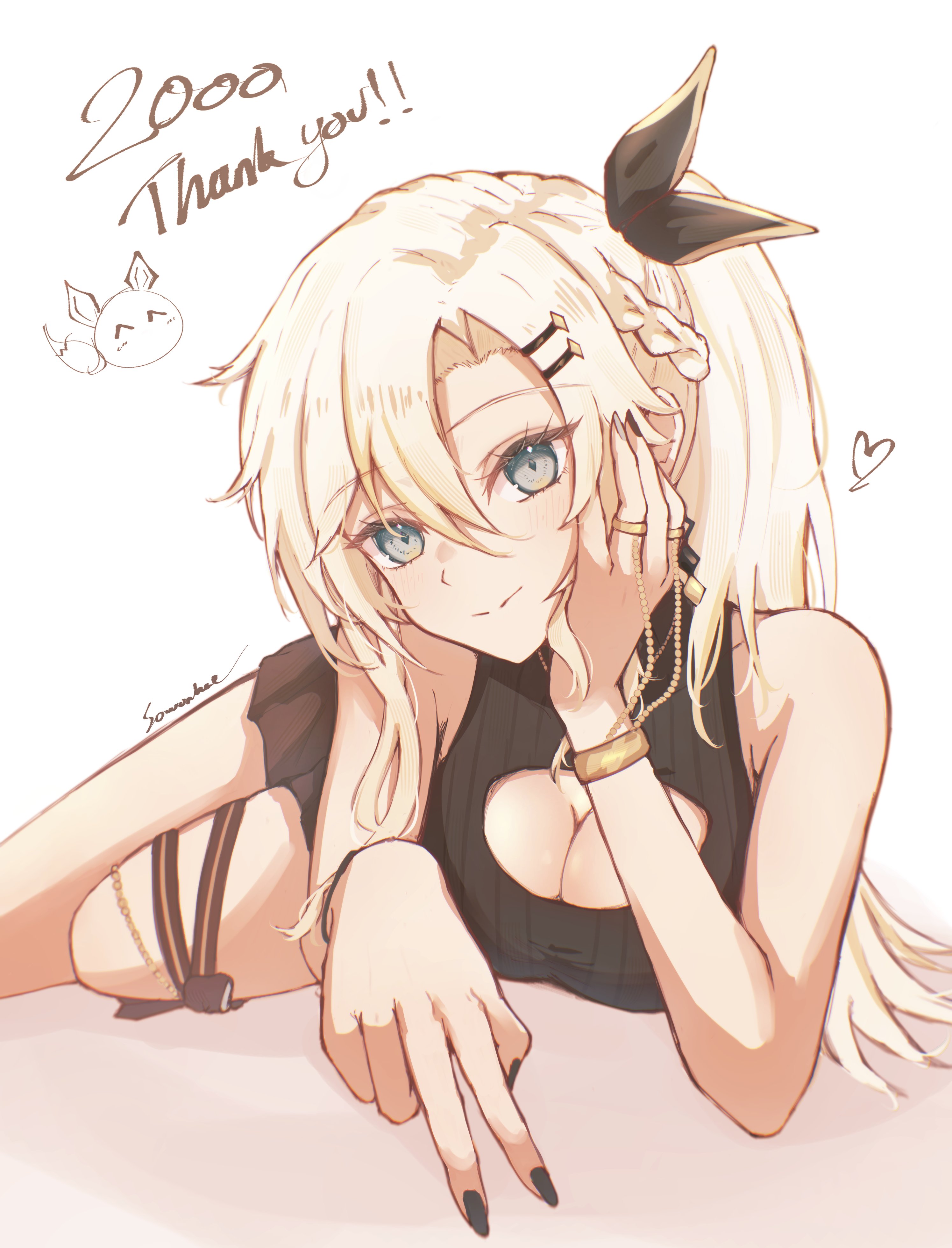 sowon (sowonhae), original, absurdres, commentary, highres, 1girl, arm support, artist name, bare shoulders, black nails, black skirt, black sweater, blonde hair, bracelet, breasts, cleavage, cleavage cutout, closed mouth, clothing cutout, diamond-shaped pupils, diamond (shape), feet out of frame, fingernails, green eyes, hair between eyes, hair ornament, hairclip, heart, jewelry, light blush, long fingernails, long hair, looking at viewer, lying, milestone celebration, nail polish, on stomach, parallel hairclips, ring, skirt, sleeveless, sleeveless sweater, solo, sweater, symbol-shaped pupils, thank you, v