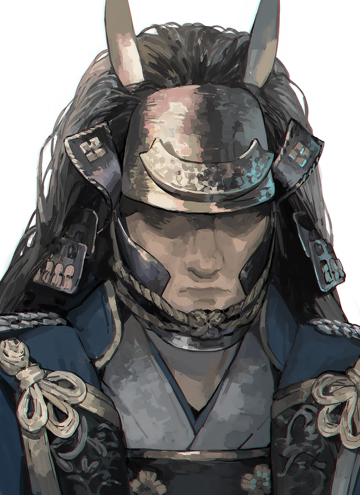 aoin, original, commentary, armor, fake horns, helmet, horned helmet, horns, japanese armor, japanese clothes, kabuto (helmet), kimono, long hair, no eyes, portrait, samurai, simple background, white background