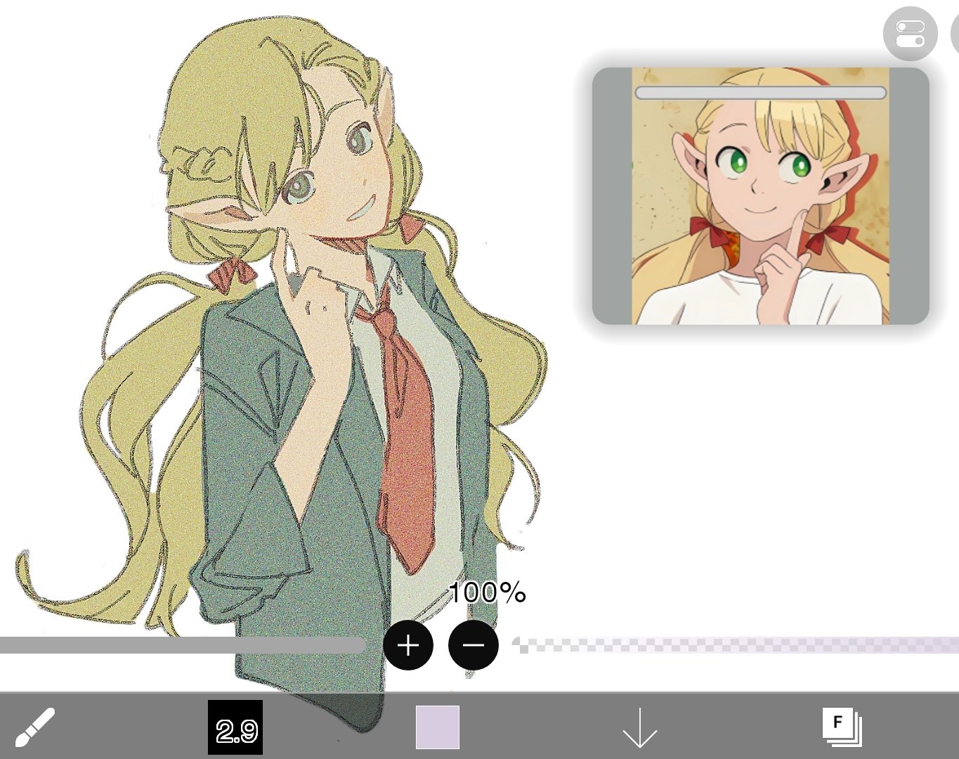 marcille donato, dungeon meshi, anime screenshot, 1girl, art program in frame, blonde hair, braid, collared shirt, elf, finger to cheek, grey jacket, hair ribbon, jacket, looking at viewer, low twintails, necktie, parted lips, pii natsuuu, pointy ears, red necktie, red ribbon, reference inset, ribbon, shirt, side braid, smile, solo, swept bangs, twintails, upper body, white background, white shirt