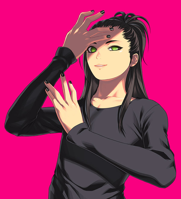 isobe, bad id, bad pixiv id, 1boy, black hair, green eyes, long hair, male focus, simple background, solo, upper body