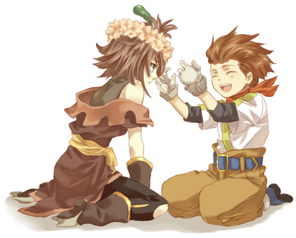 miho (mi), karol capel, nan (tales), tales of (series), tales of vesperia, 00s, 1boy, 1girl, brown hair, flower, gloves, green eyes, hair ornament, scarf, smile