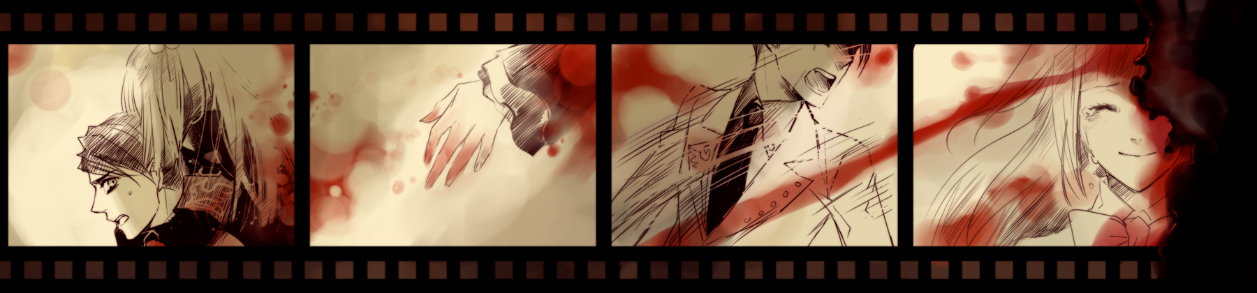 midorigawa, midorigawa akari, ushiromiya ange, ushiromiya battler, umineko no naku koro ni, bad id, bad pixiv id, highres, long image, spoilers, wide image, 00s, 1boy, 1girl, blood, brother and sister, film strip, hair bobbles, hair ornament, sepia, siblings, tears