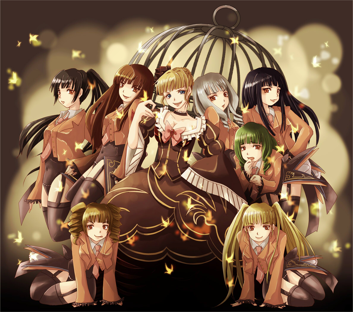 mizuki riko, riko (runrunrabbit), asmodeus (umineko), beatrice (umineko), beelzebub (umineko), belphegor (umineko), leviathan (umineko), lucifer (umineko), mammon (umineko), satan (umineko), stakes of purgatory, umineko no naku koro ni, bad id, bad pixiv id, 00s, 6+girls, birdcage, cage, multiple girls, necktie, pink necktie