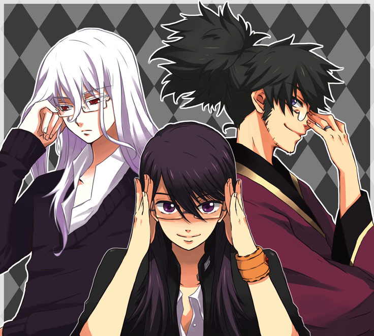 enomoto (luck-by-luck), duke pantarei, raven (tales), yuri lowell, tales of (series), tales of vesperia, bad id, bad pixiv id, 00s, 3boys, adjusting eyewear, argyle background, argyle clothes, bespectacled, black hair, blue eyes, bracelet, glasses, grey background, jewelry, long hair, male focus, multiple boys, ponytail, purple eyes, red eyes, ring, smile, white hair