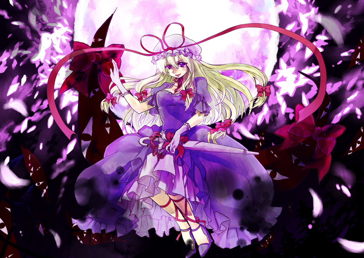 zanunoneko, yakumo yukari, touhou, bad id, bad pixiv id, 1girl, blonde hair, female focus, gap (touhou), gloves, hair ribbon, hat, long hair, moon, purple eyes, ribbon, solo, umbrella