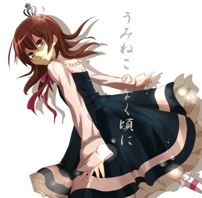 chako, chako (chakoxxx), ushiromiya maria, umineko no naku koro ni, bad id, bad pixiv id, 00s, 1girl, black dress, brown hair, copyright name, crown, dress, female focus, looking back, purple eyes, short hair, smile, solo, white background