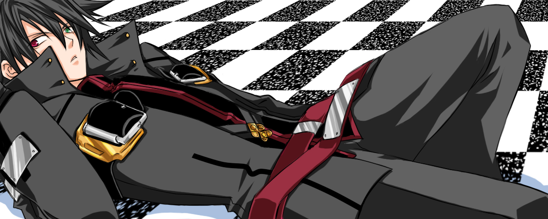 argent-ag, ragna the bloodedge, arc system works, blazblue, bad id, bad pixiv id, 1boy, alternate color, black hair, black pants, green eyes, heterochromia, lying, male focus, on back, pants, red eyes, short hair, solo, spiked hair