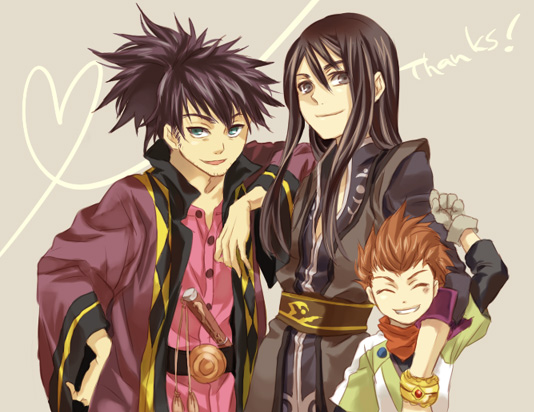 miho (mi), karol capel, raven (tales), yuri lowell, tales of (series), tales of vesperia, 00s, 3boys, black eyes, black hair, blue eyes, bracelet, brown hair, heart, heart of string, jewelry, long hair, male focus, multiple boys, ponytail, scarf, smile