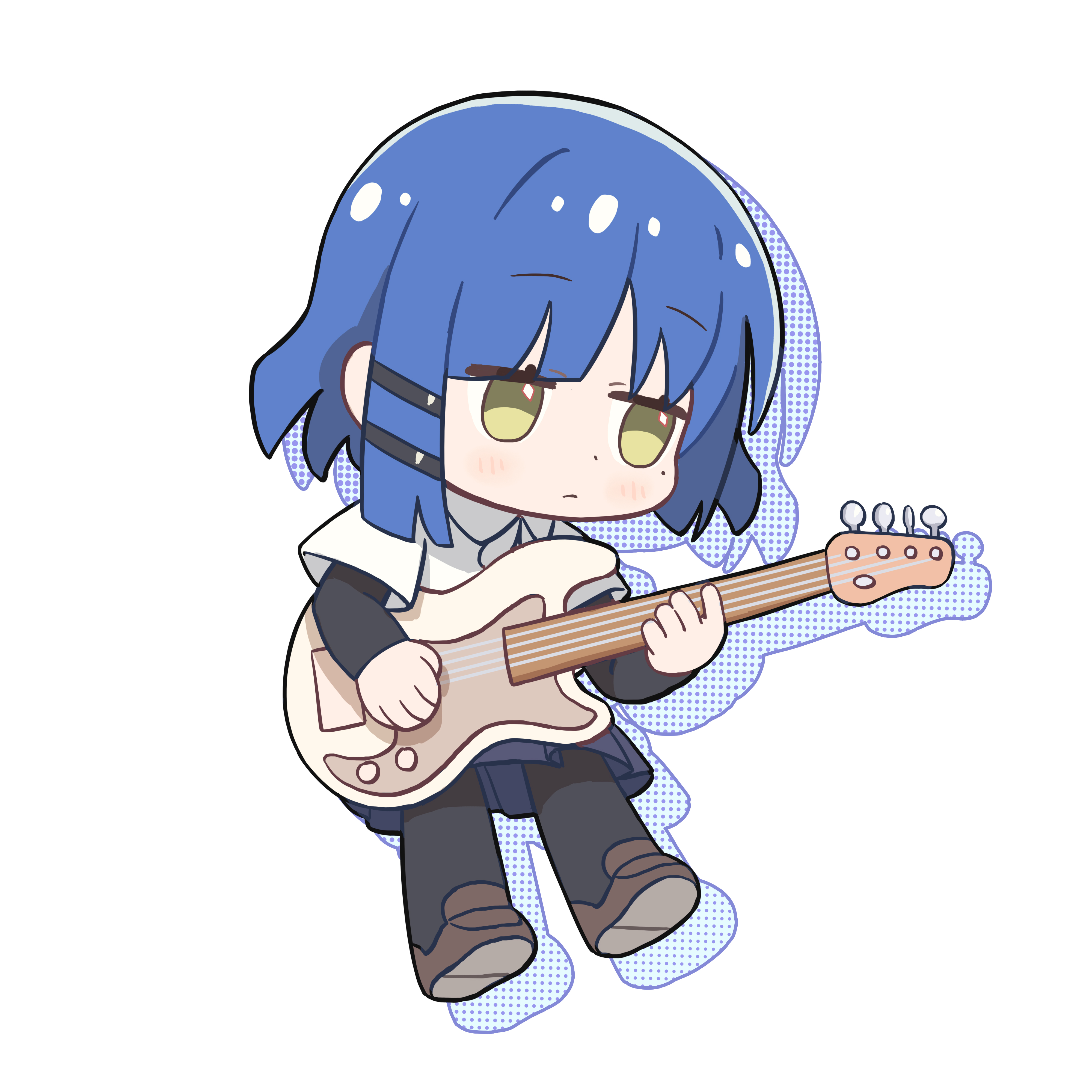 tianqiyubao euc, yamada ryo, bocchi the rock!, absurdres, chinese commentary, commentary request, highres, 1girl, black pantyhose, blue hair, blue skirt, blush, brown shoes, chibi, chibi only, dot nose, drop shadow, electric guitar, expressionless, full body, green eyes, guitar, hair ornament, hairclip, holding, holding guitar, holding instrument, instrument, layered sleeves, long sleeves, pantyhose, parallel hairclips, pleated skirt, shirt, shoes, short hair, short over long sleeves, short sleeves, simple background, skirt, solo, standing, white background, white shirt