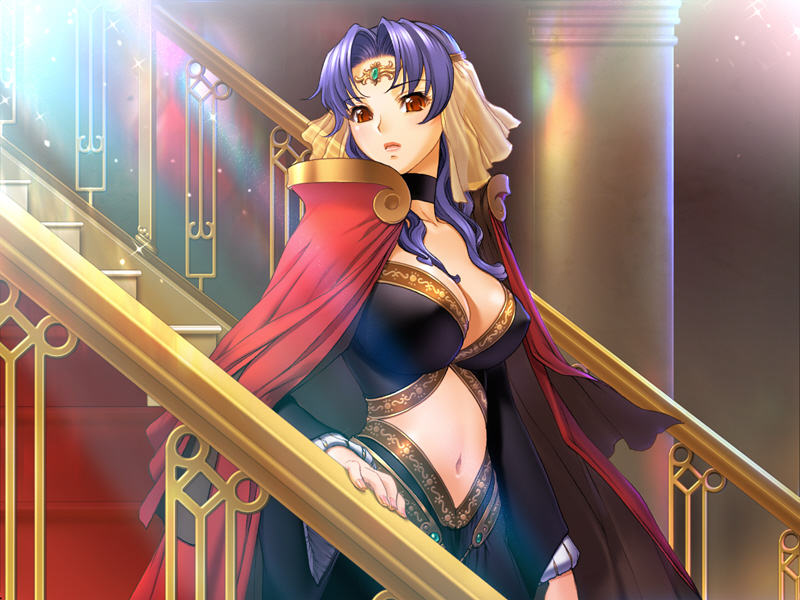 sano toshihide, furea, g.j?, queen bonjourno, game cg, 1girl, blue hair, breasts, cape, cleavage, dress, female focus, huge breasts, large breasts, midriff, red eyes, solo, stairs