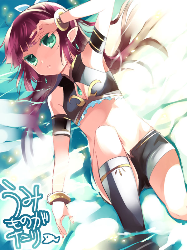 emu (pixiv), wemu (ivycrown), urin (umi monogatari), umi monogatari, 00s, 1girl, bikini, black bikini, bracelet, earrings, female focus, flat chest, green eyes, jewelry, long hair, lying, ponytail, red hair, ribbon, short shorts, shorts, solo, swimsuit, water