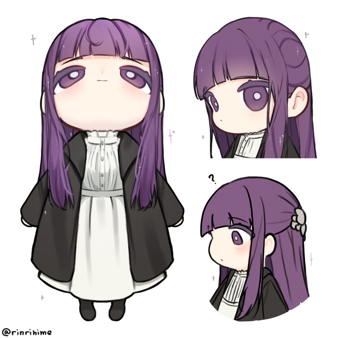 rinrihime, fern (sousou no frieren), sousou no frieren, highres, 1girl, black coat, blunt bangs, chibi, chibi only, coat, dress, full body, hair ornament, hairclip, half updo, long dress, long hair, looking up, multiple views, purple eyes, solo, twitter username, upper body, white background, white dress