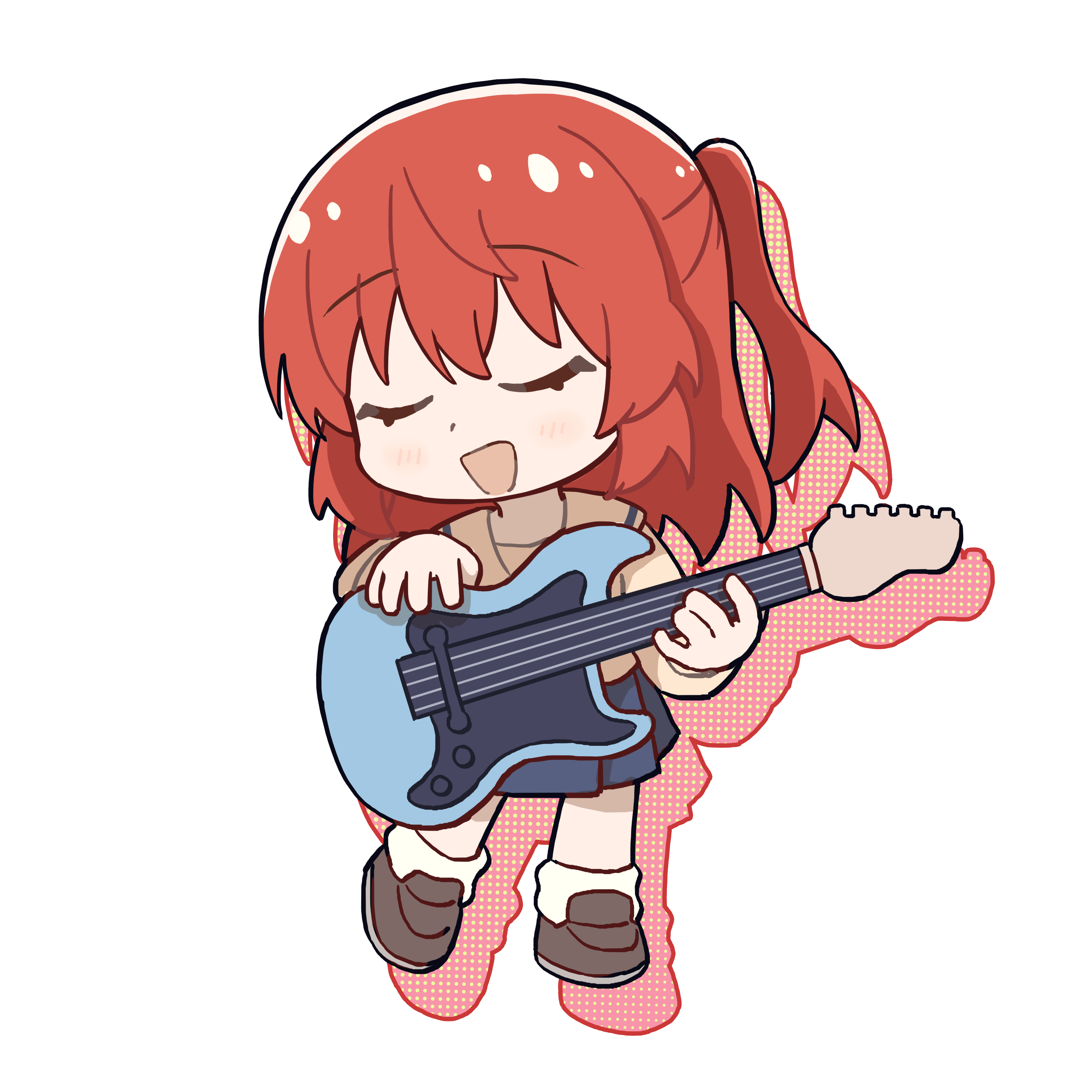 tianqiyubao euc, kita ikuyo, bocchi the rock!, absurdres, chinese commentary, commentary request, highres, 1girl, :d, blue skirt, blush, brown cardigan, brown shoes, cardigan, chibi, chibi only, closed eyes, drop shadow, full body, guitar, holding, holding guitar, holding instrument, instrument, long hair, long sleeves, one side up, open mouth, pleated skirt, red hair, school uniform, shoes, shuka high school uniform, simple background, skirt, smile, socks, solo, standing, white background, white socks